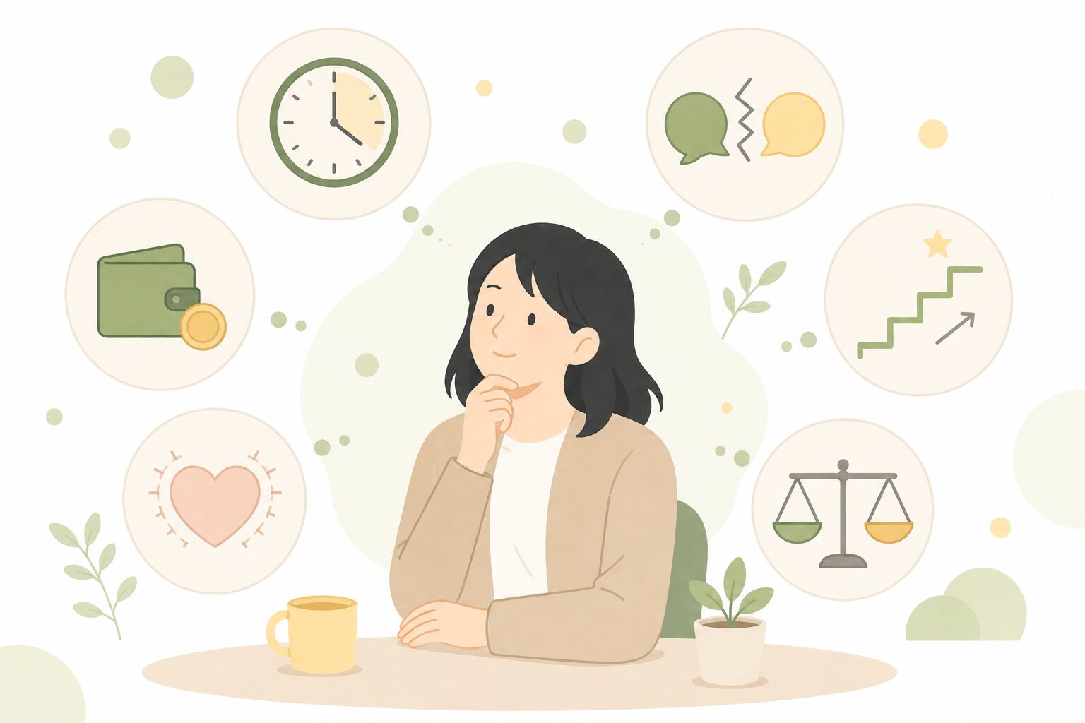 離職の原因となる6つの背景 離職の6つの原因に囲まれる社員のイラスト
