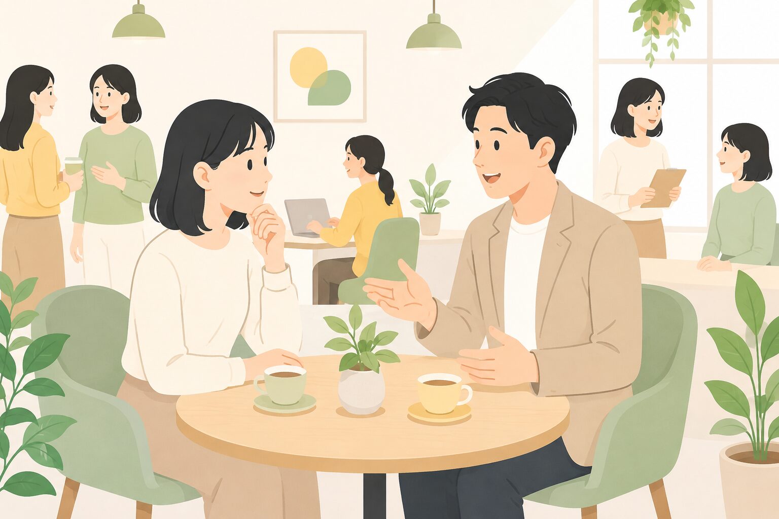 離職を防ぐ8つの対策 上司と部下が1on1で離職対策の面談をするイラスト