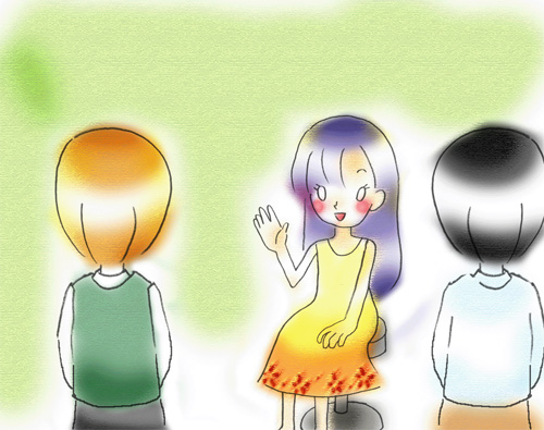 銀座第1教室にて会話練習をするえりこさんのイラスト