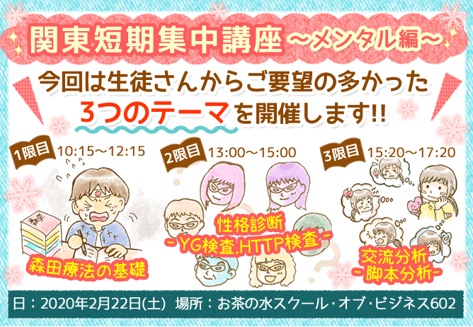 関東短期集中講座スペシャル~なんと!!今回は3つのテーマを1日かけて開催します!!1限目:10時15分~12時15分 森田療法の基礎。2限目:13時~15時 性格診断‐YG検査,HTTP検査。3限目:15時20分~17時20分 交流分析‐脚本分析。【日程:2020年2月22日(土)】