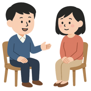 女性相談者と男性カウンセラーが向き合い、心理的な悩みについて話し合っているカウンセリング風景のイラスト