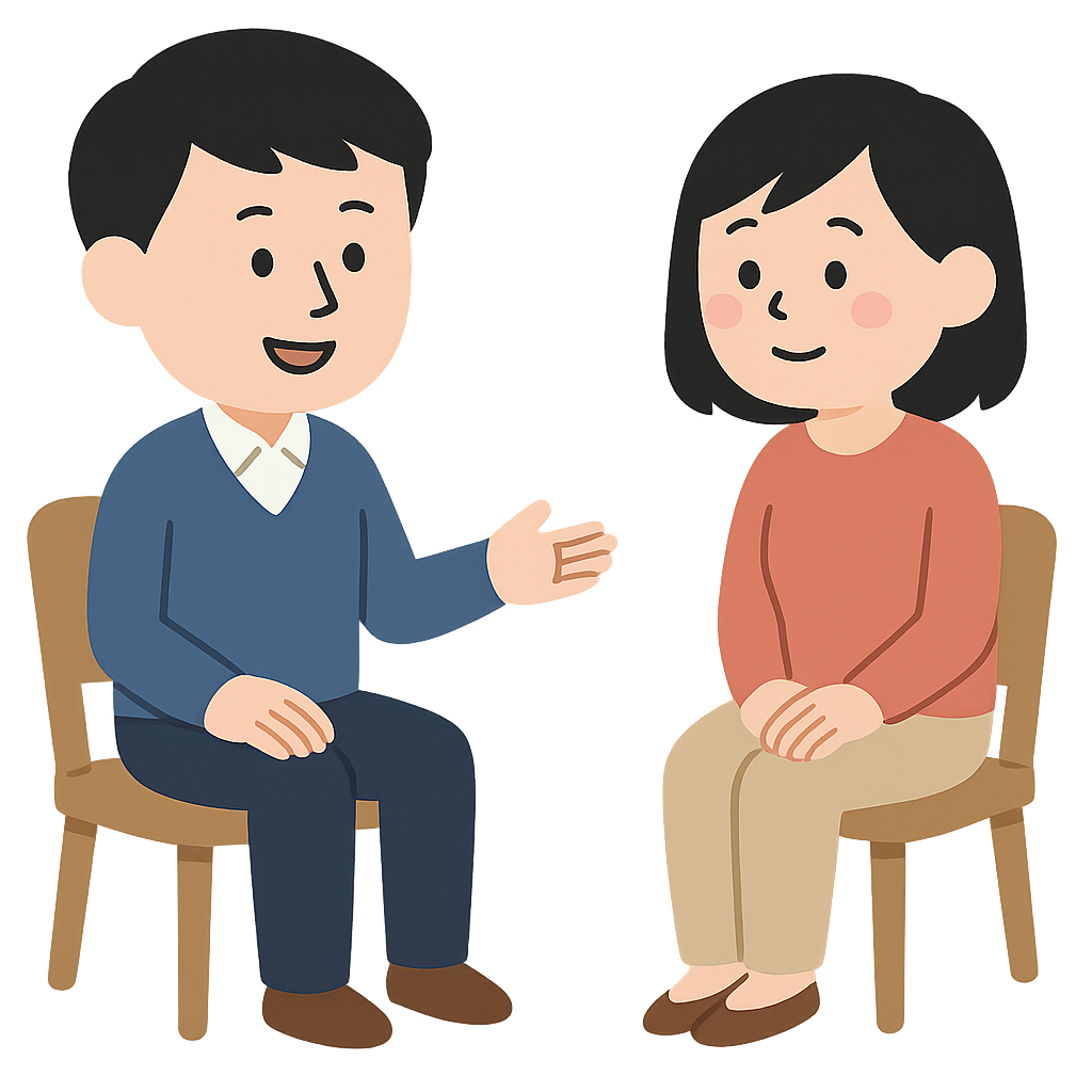 女性相談者と男性カウンセラーが向き合い、心理的な悩みについて話し合っているカウンセリング風景のイラスト