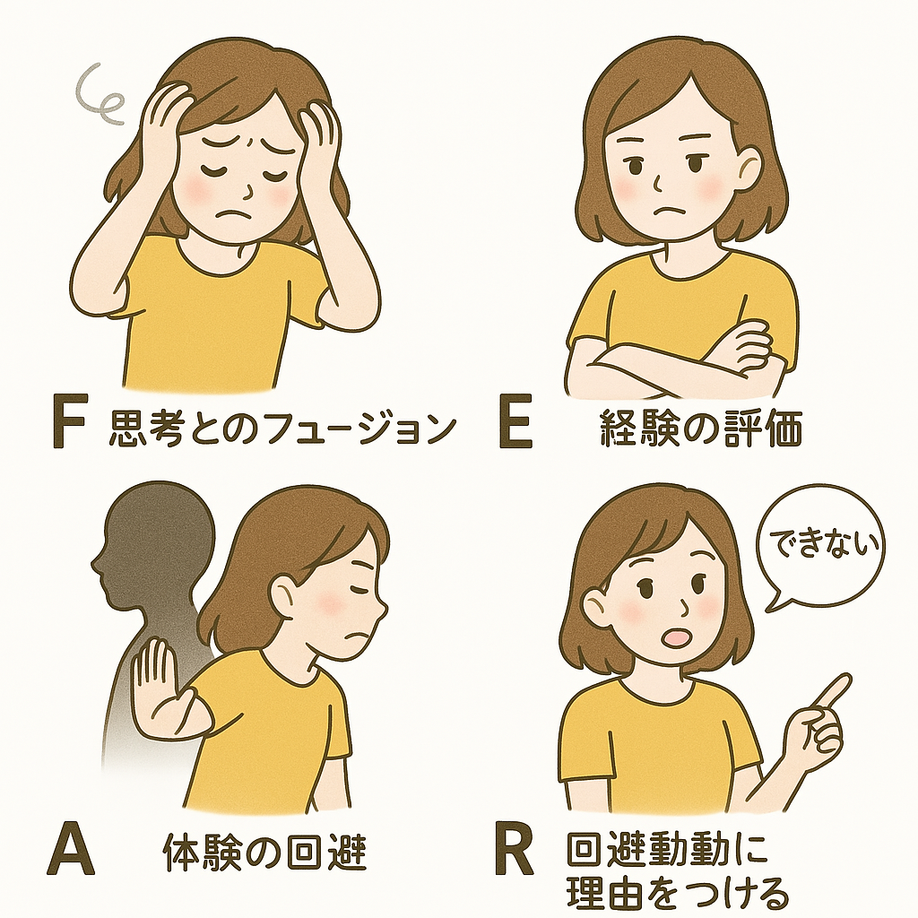 F（Fusion with your thoughts）
E（Evaluation of experience）
A（Avoidance of your experience）
R（Reason-giving for your behavior）
アクセプタンス，ACT，イラスト